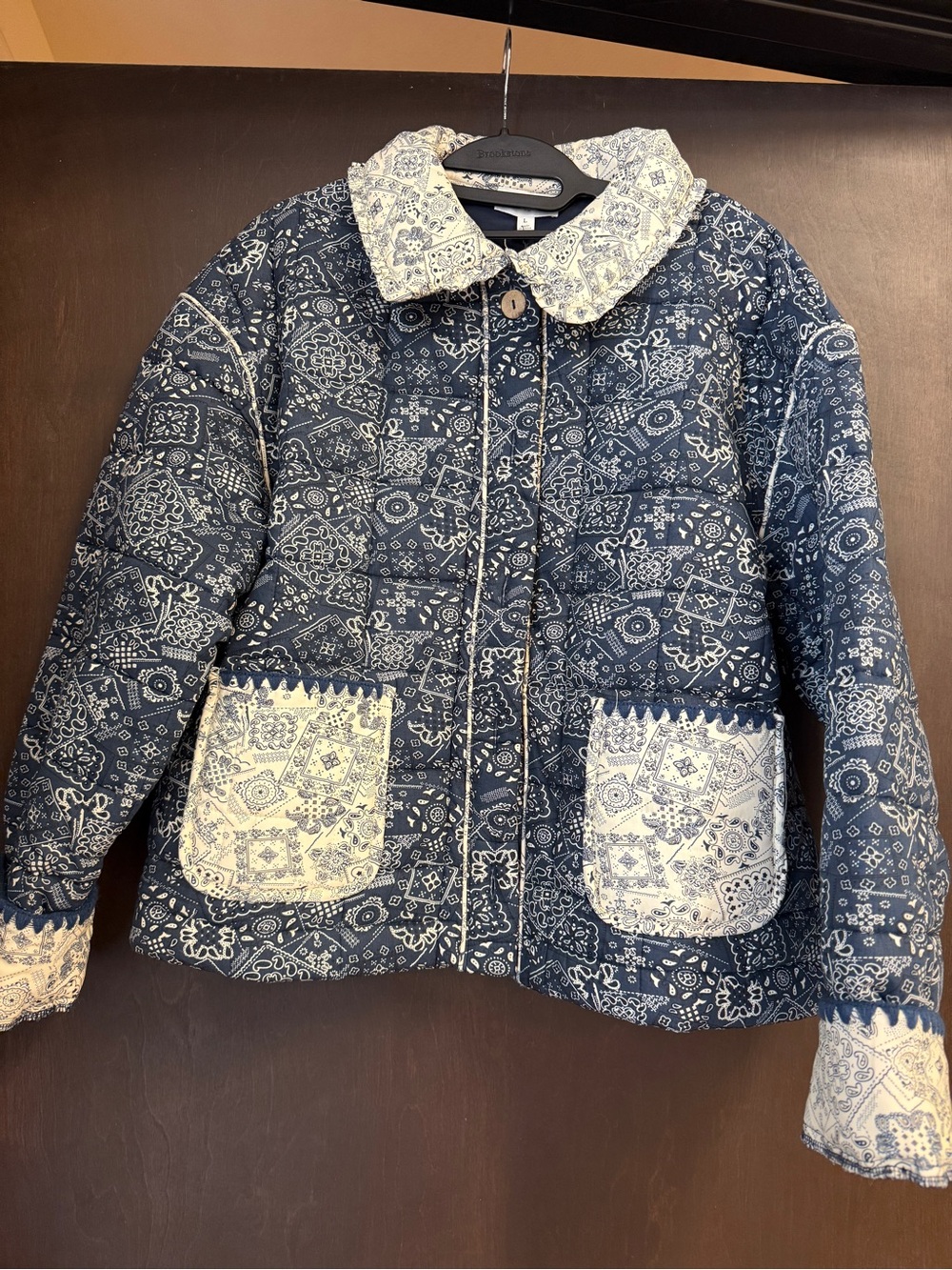 Quilted Navy and Cream Paisley Patterned Women's Jacket